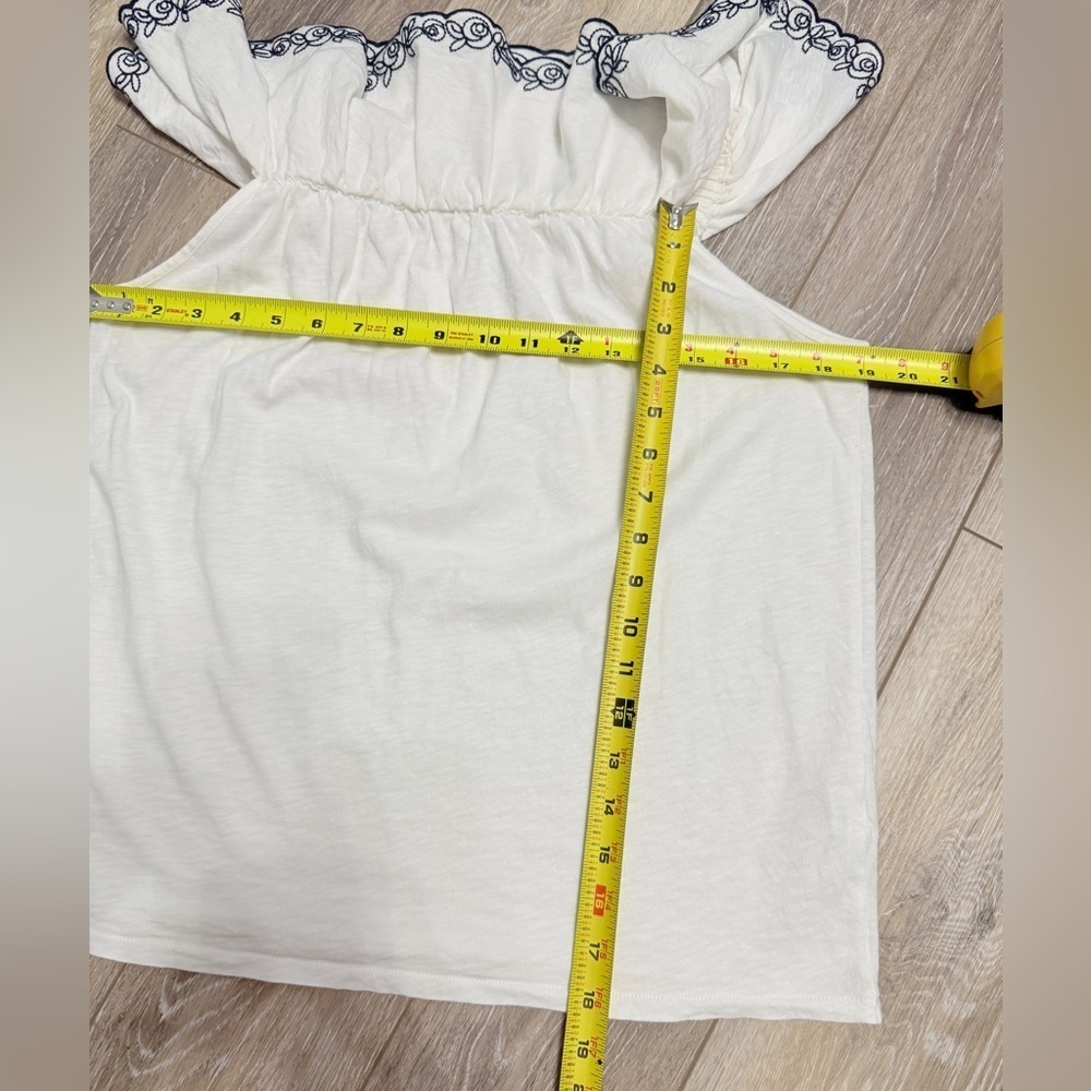 #5)  J. Crew Off-Shoulder 100% Cotton White Blouse with blue Embroidery - Picture 3 of 4